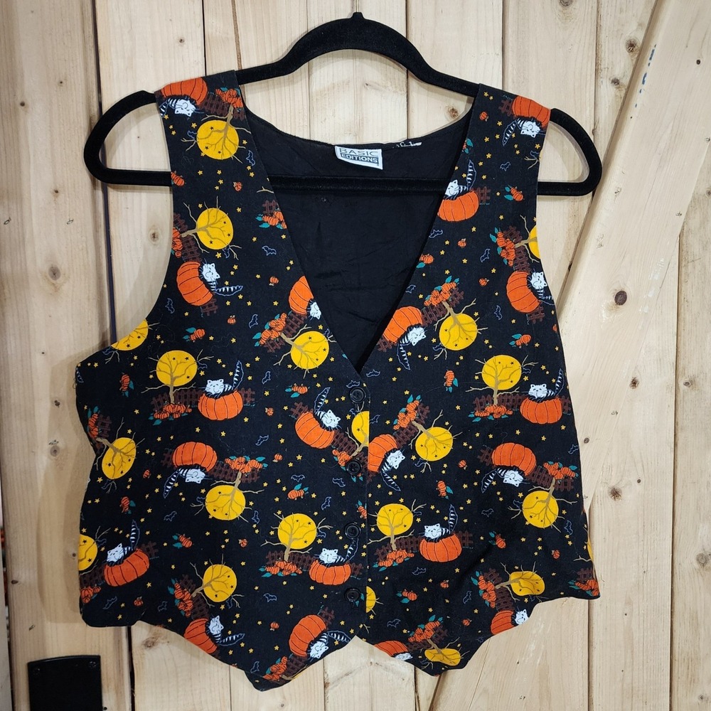 VTG Basic Editions Halloween Vest Black Pumpkin Cat Moon Bats Stars Large READ